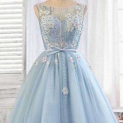 Cute Light Blue Beaded Short Homecoming Dress..