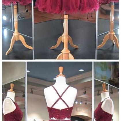Burgundy Lace Two Pieces Short Prom Dress , Off..