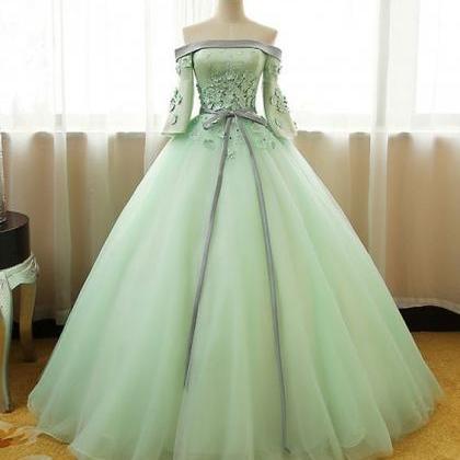 Mint Green Organza Long Prom Dress Off Shoulder..
