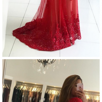 Chraming Red Beaded Tulle Mermaid Prom Dress With..