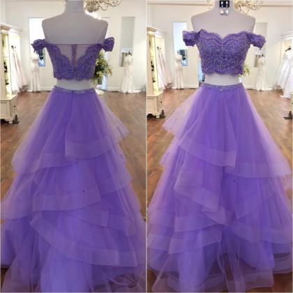 Sexy A Line Lavender Tulle Long Prom Dresses With..