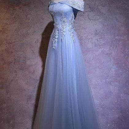 Sexy A Line Light Blue Tulle Lace Prom Dresses..