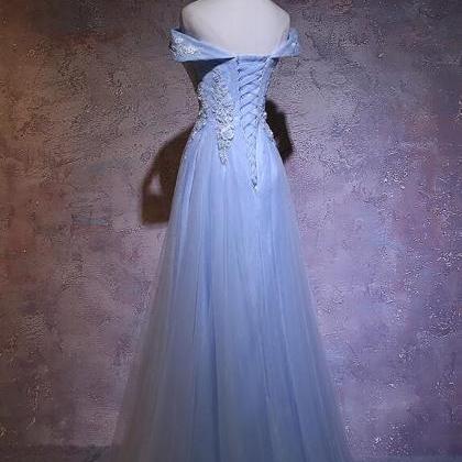 Sexy A Line Light Blue Tulle Lace Prom Dresses..