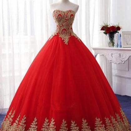 Vintage Red Tulle A Line Long Prom Dress With Gold..