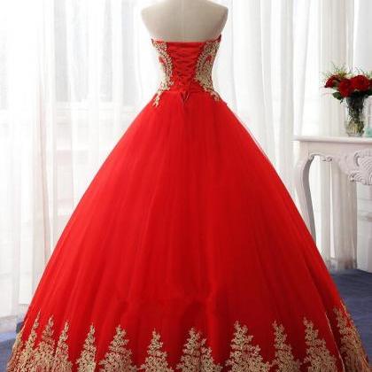 Vintage Red Tulle A Line Long Prom Dress With Gold..