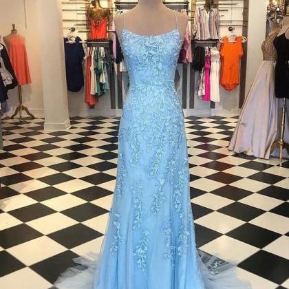 Bule Long Prom Dress With Lace Appliqued Sexy..