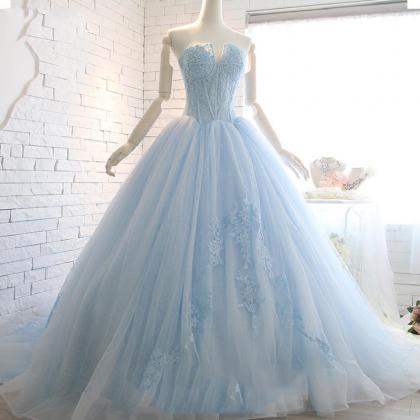 Light Blue Tulle Lace Appliqued Long Prom Dress..