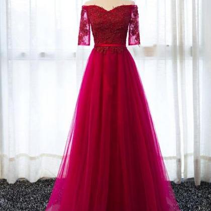 Sexy A Line Long Prom Dress Burgundy Tulle Lace..