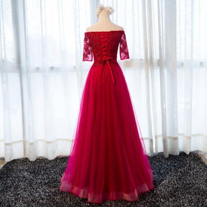 Sexy A Line Long Prom Dress Burgundy Tulle Lace..