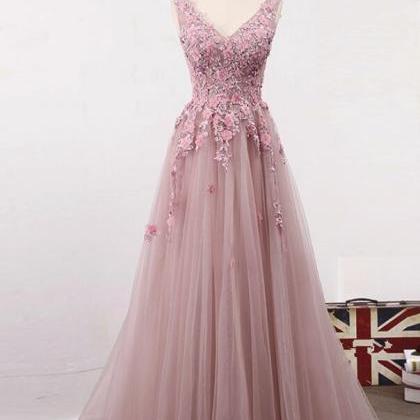 Plus Size Pink Lace Long Prom Dress 2019 V-neck..
