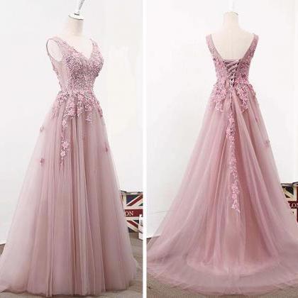 Plus Size Pink Lace Long Prom Dress 2019 V-neck..
