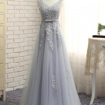 A Line Light Gray Lace Prom Dress Floor Length..