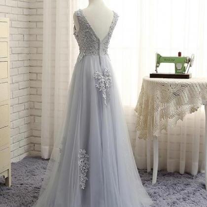 A Line Light Gray Lace Prom Dress Floor Length..