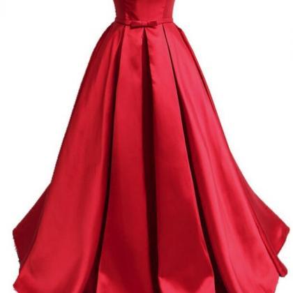Elegant A Line Red Satin Ruched Long Prom Dress..