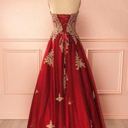 Vintage Burgundy Satin Long Prom Dress With Gold..