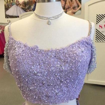 Sexy A Line Lavender Lace Two Pieces Long Prom..