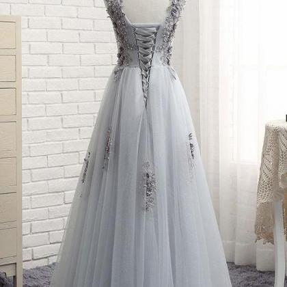 Sexy A Line Gray Lace Long Prom Dress With Floral..