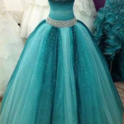 Bling Blue Tulle Beaded Ball Gown Prom Dress,..