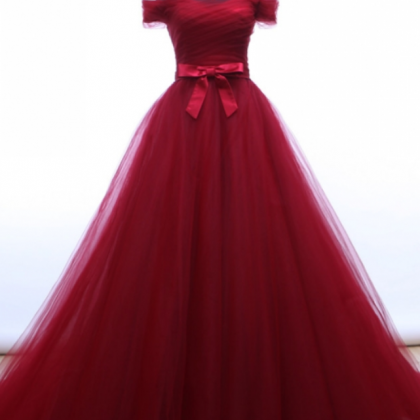 Plus Size Sweet Burgundy Tulle Long Prom Dress A..