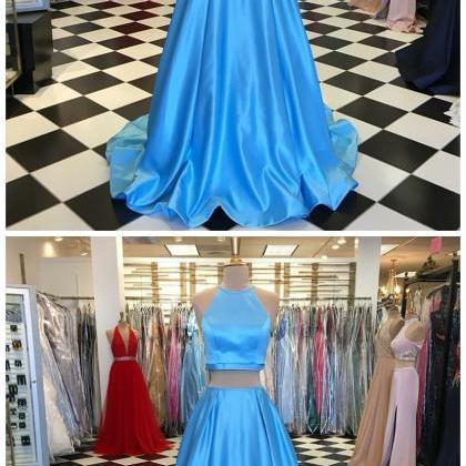 A Line Two Pieces Blue Satin Long Prom Dress Off..