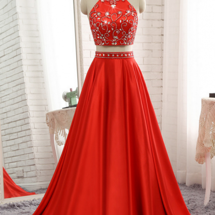 Sexy A Line Halter Beaded Crystal Long Prom Dress..