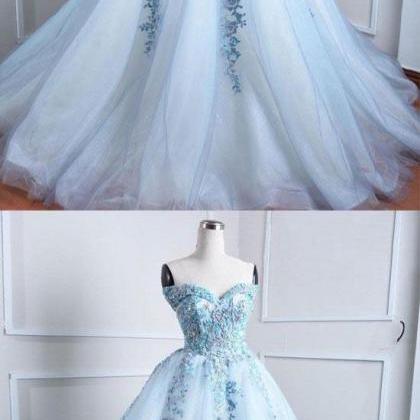 Off Shoulder Light Blue Tulle Ball Gown Long Prom..