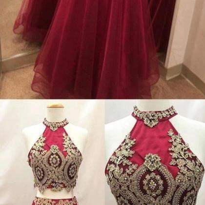 Elegant Two Pieces Tulle Long Prom Dress Custom..