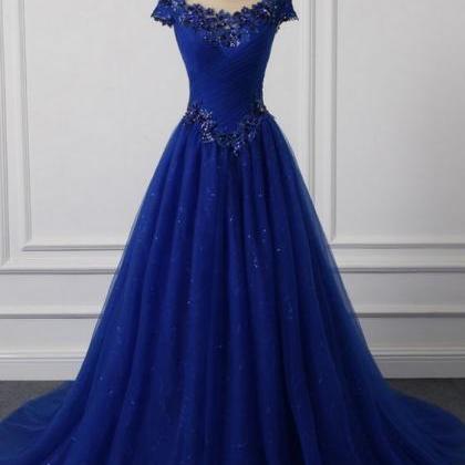 Royal Blue Scoop Neck Ball Gown Prom Dresses..