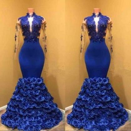 Fashion Blue Satin Long Sleeve Mermaid Prom Dress..