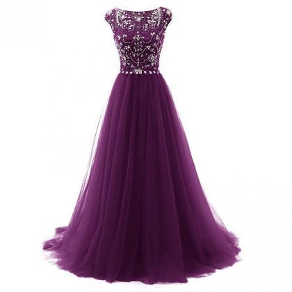 Elegant Purple Beaded Tulle Long Prom Dress A Line..