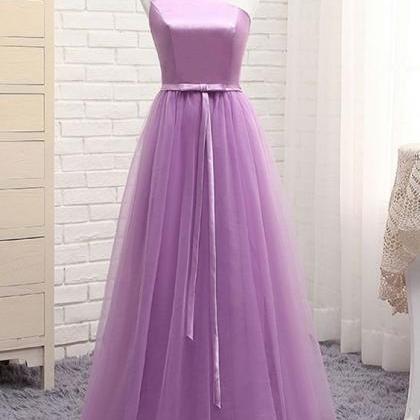 One Shoulder Purple Tulle Long Bridesmaid Dress,..