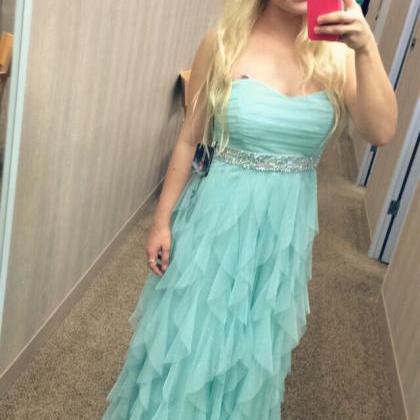 Off Shoulder A Line Mint Green Tulle Ruffle Long..