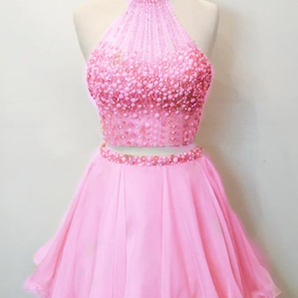 Two Piece Pink Chiffon Short Homecoming Dress..