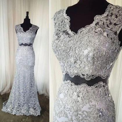 Fashion Two Pieces Silver Lace Prom Dress Mermaid..