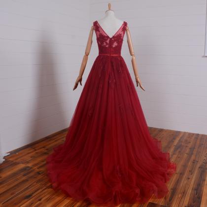 Sexy Burgundy Lace Tulle Long Prom Dress A Line..
