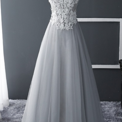 Fashion A Line Silver Tulle Long Prom Dress, Floor..