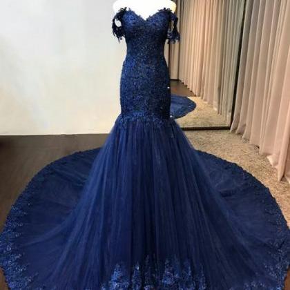 Navy Blue Lace Appliqued Mermaid Prom Dress..