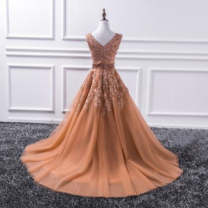 Charming V-neck Lace Beaded Long Prom Dress Plus..