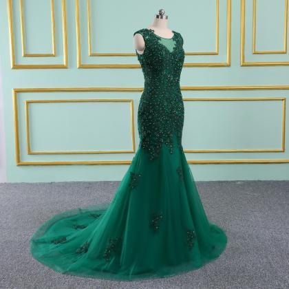 Green Tulle See-through Lace Mermaid Evening Dress..