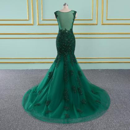 Green Tulle See-through Lace Mermaid Evening Dress..