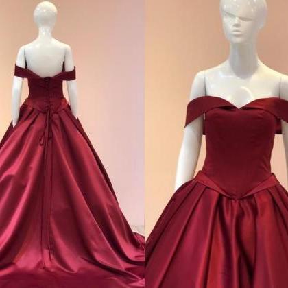 Elegant Burgundy Satin Ball Gown Prom Dress Plus..