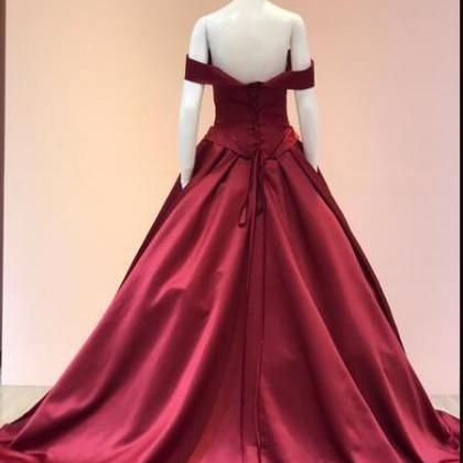 Elegant Burgundy Satin Ball Gown Prom Dress Plus..