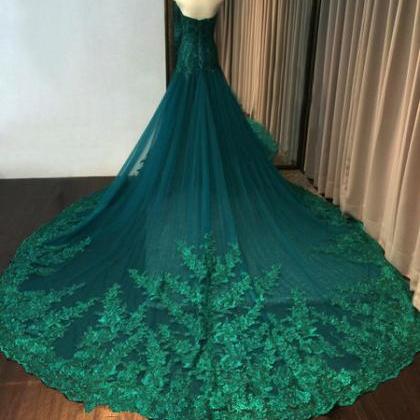 Fashion Dark Green Tulle Lace Sweep Train Prom..