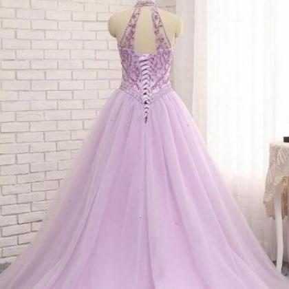 Custom Made Sexy Lavender Beaded Tulle Long Prom..