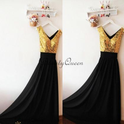 A Line Black Chiffon Long Bridesmaid Dress Gold..