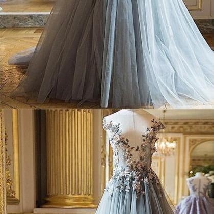 Stunning Gray Tulle Long Prom Dresses A Line Women..