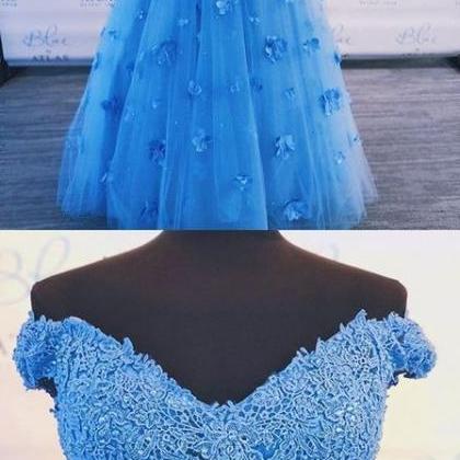 Sexy A Line Two Pieces Blue Lace Prom Dress Custom..
