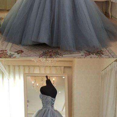 Off Shoulder Gray Tulle Lace Prom Dress Sweet Ball..