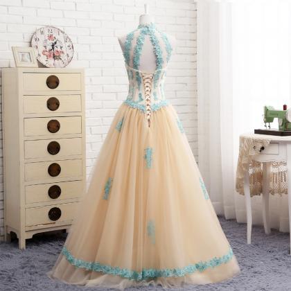 Sexy Halter Light Champagne Tulle Long Prom..