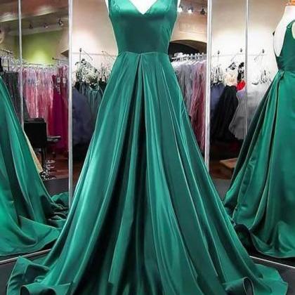 Elegant Green Satin Long Prom Dress Deep V-neck..
